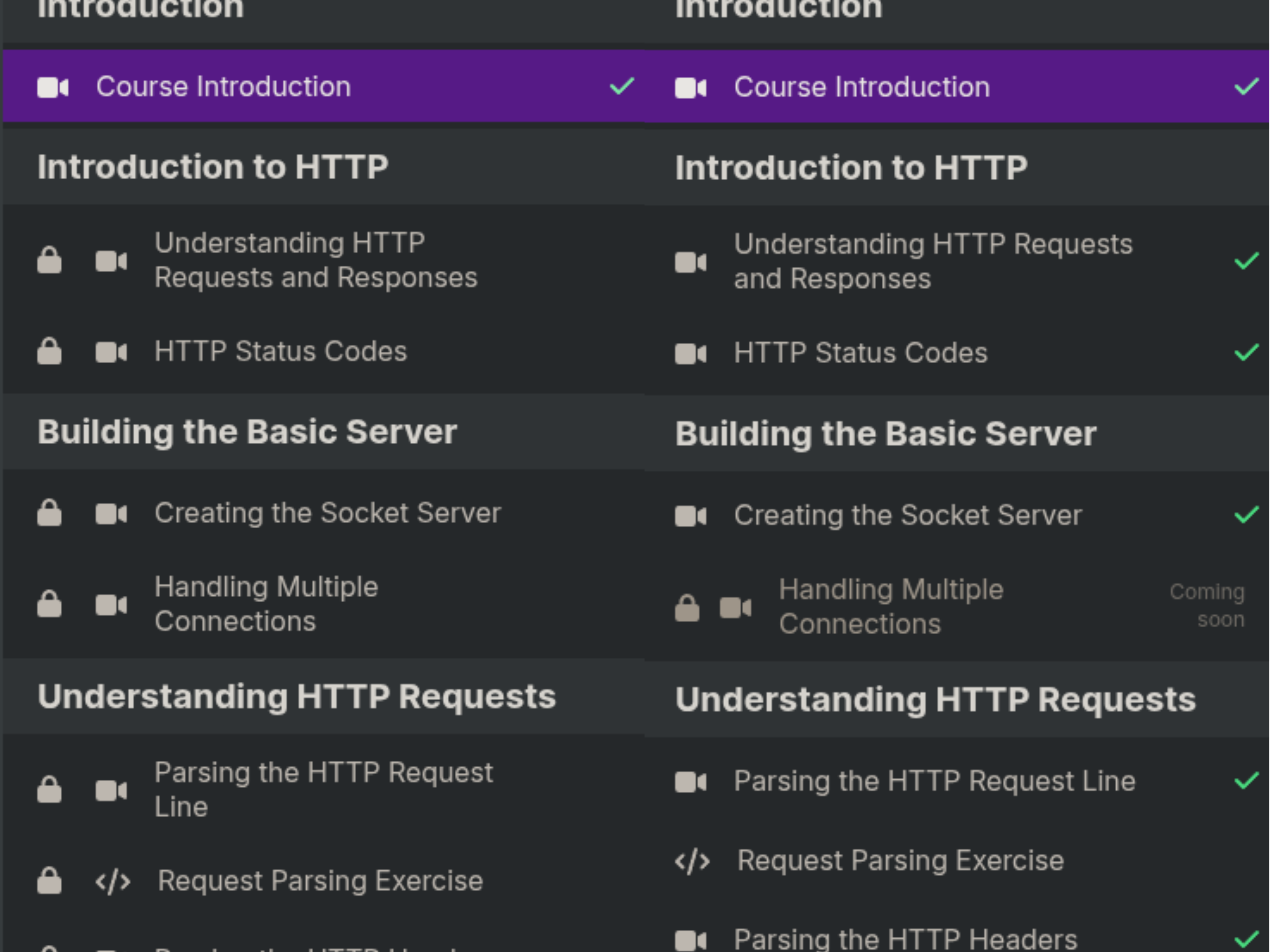 Example of courses page before and after modifying state